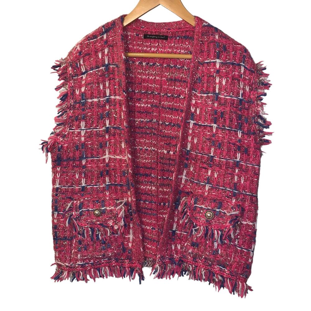 Do Everything in Love Soft Fringe Plaid Tweed Vest Black Blue Metallic OS